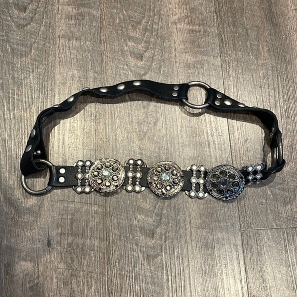 Leather and stone silver medallion wrap belt